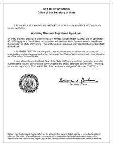Wyoming Certificate Of Good Standing